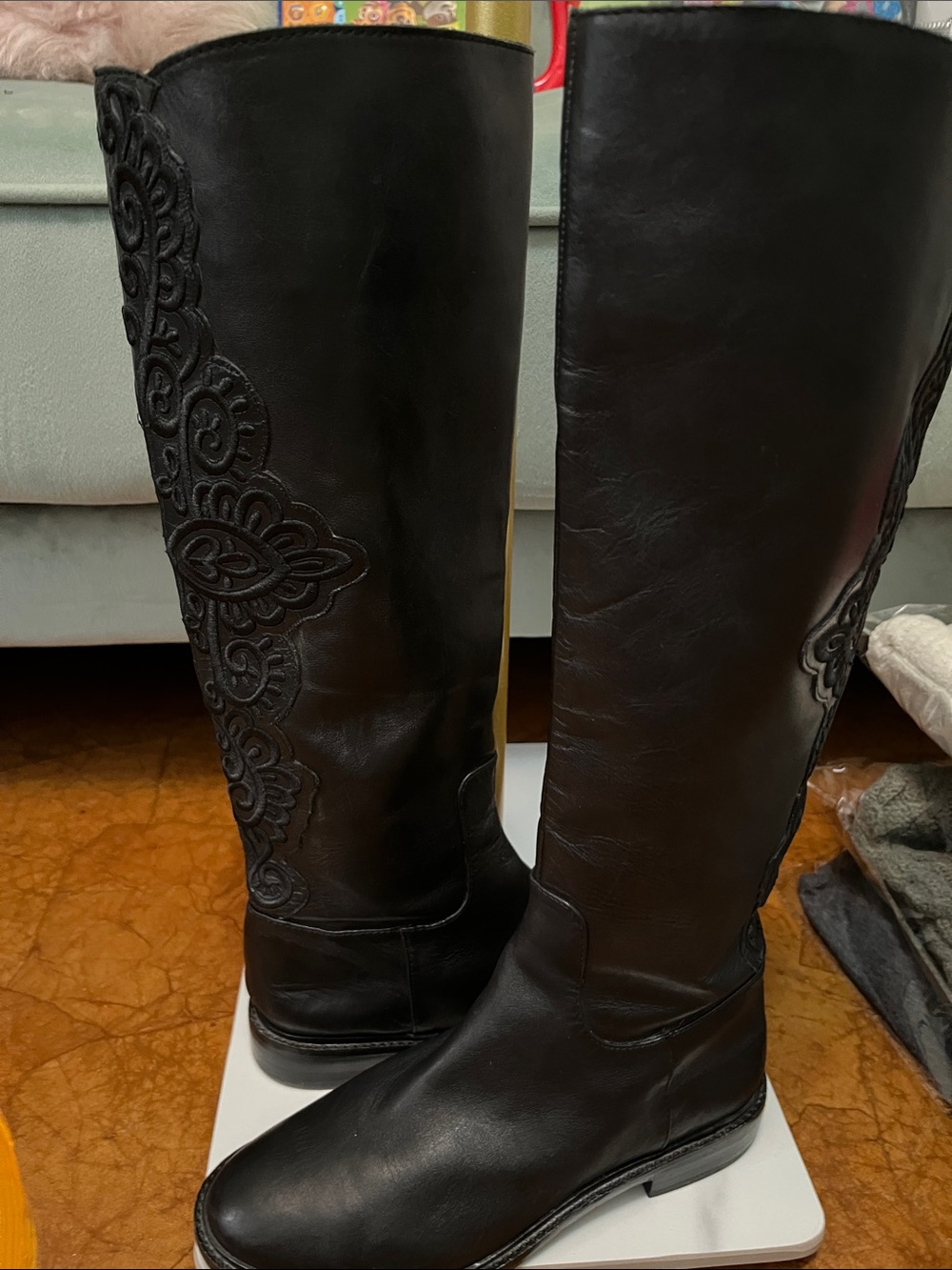 Gianni Bini Black Over-the-Knee Boots with Embroidered Detail Sz US6.5 Womens